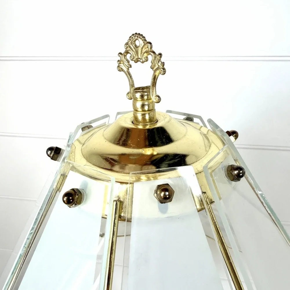 Vtg 3 Way Touch Lamp Brass Floral Glass Panel 90's Y2K Cottagecore Retro WORKS